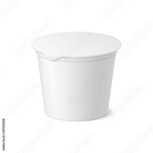 Vector realistic yogurt, ice cream or sour creme package on white backgrounnd. 3D illustration. Mock up of container with lid isolated. Template for your design. Side view. Diminishing perspective.