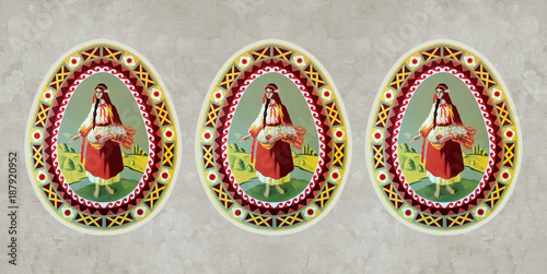 Traditional Ukrainian folk art ornament and painting on the wall. Easter egg. Background