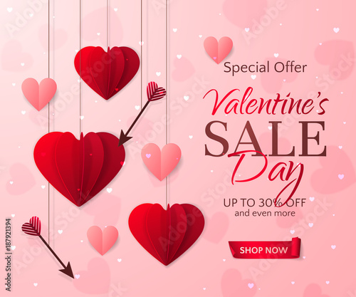 Vector romantic template of sale flyers and banners for Valentine’s Day. Festive pink background with red paper hearts, arrows and a ribbon for discount and special offers. With place for text.