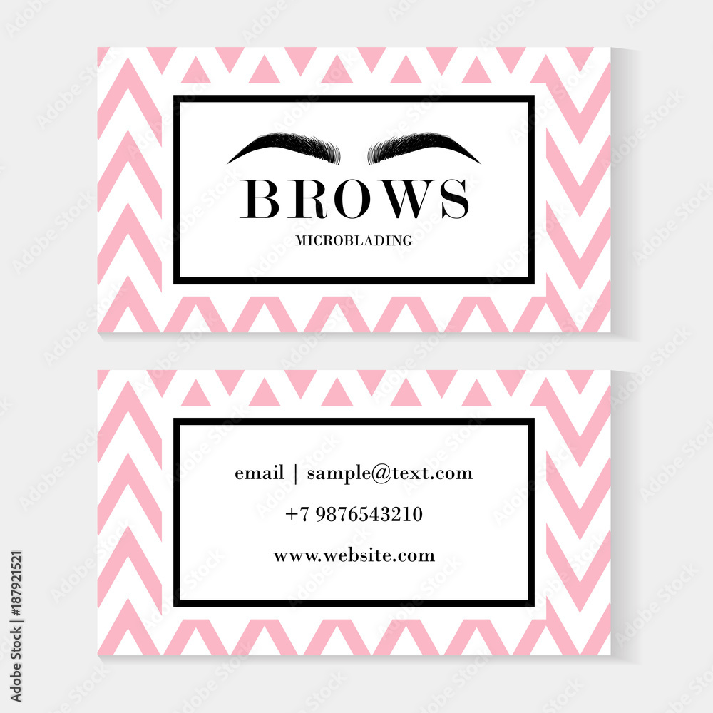 Set of brow artist business cards template with beautiful eyebrows for logo of master eyebrows and microblading master. Business card template. Modern card on pink and white background with zigzag