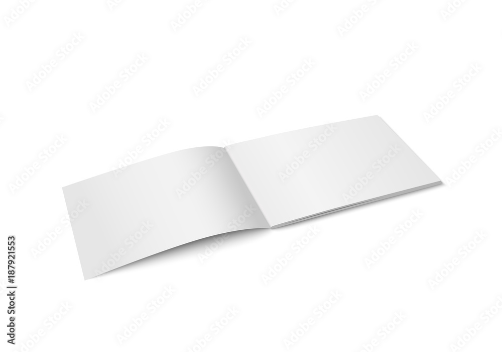 Vector white mock up of magazine isolated. Opened horizontal magazine, brochure, book or notebook template on white background. 3d illustration. Diminishing perspective Vector white mock up of magazine isolated. Opened horizontal magazine, brochure, book or notebook template on white background. 3d illustration. Diminishing perspective