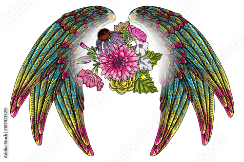 Beautiful illustration with lily, roses and chamomiles flowers and birds wings in blackwork tattoo flash style hand drawing concept. Ornate fashioned angel wings and elegant vintage floral. Vector.