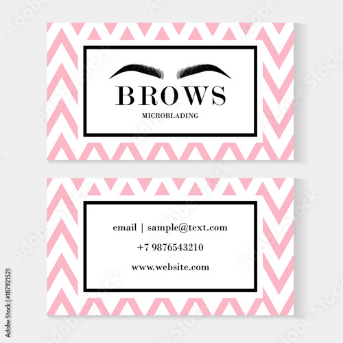 Set of brow artist business cards template with beautiful eyebrows for logo of master eyebrows and microblading master. Business card template. Modern card on pink and white background with zigzag