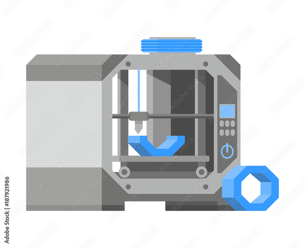 The innovation 3D technology of the press. Production of three-dimensional object and spare parts for the equipment.3D printing industry.In flat style a vector device a design concept for the websites The innovation 3D technology of the press. Production of three-dimensional object and spare parts for the equipment.3D printing industry.In flat style a vector device a design concept for the websites