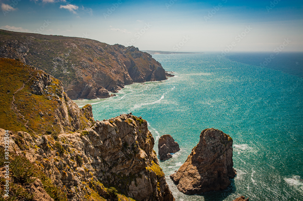 Portugese cliffs, Cabo da roca near Lisbon, view to the ocean