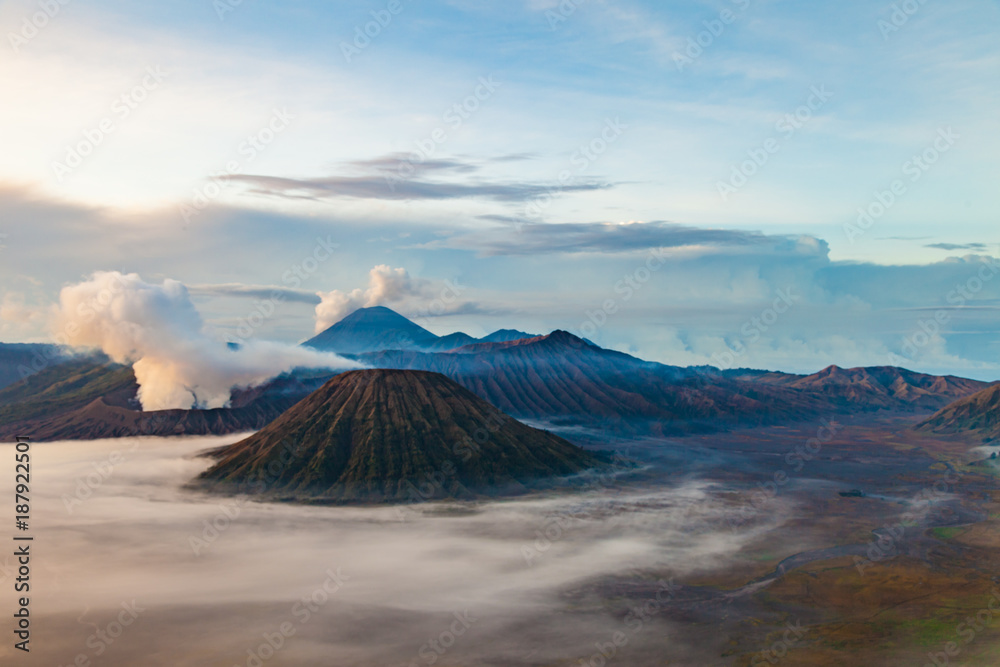 Mount Bromo with cloudy smoke in early morning, Indonesia