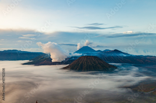 Mount Bromo with cloudy smoke in early morning, Indonesia