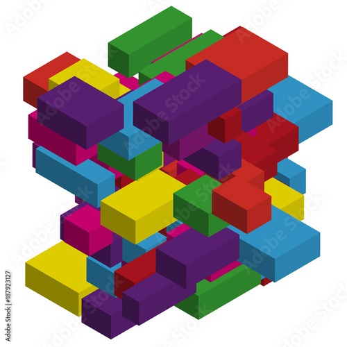 Abstract geometric background with colorful isometric rectangles and bricks. Three-dimensional  3D vector illustration.