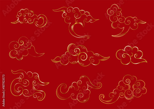 Oriental cloud ornament design with pen drawing line set. Vector on transparent background.