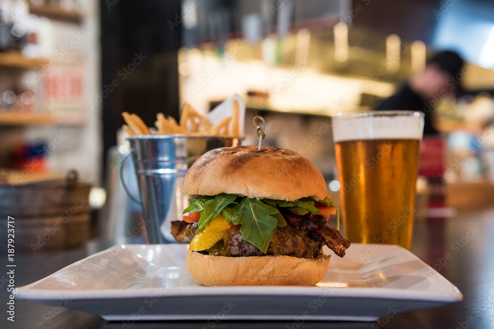 Burger with beer and fries