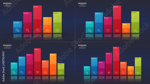 Easy editable vector 5 6 7 8 options infographic designs, bar charts, presentation templates.