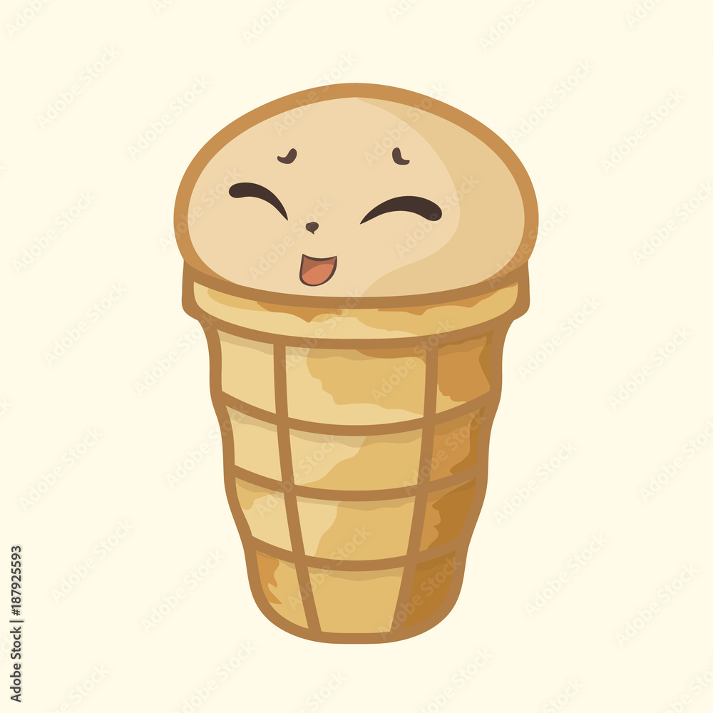 Cute cartoon ice-cream in wafer cup vector image isolated. Happy vanilla ice  cream with smiling face doodle style. Ice cream in waffle cones character  funny illustration. Retro style in pastel colors. Stock