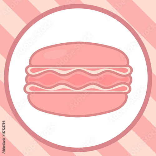 Realistic colorful macaroon dessert vector image isolated on white. Pink macaron emblem for cafe, confectionery, food apps and websites. Sweet confection. Macaroon goods classic simple design. 
