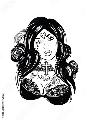 Vector illustration of a beautiful woman. Chicano tattoo style.