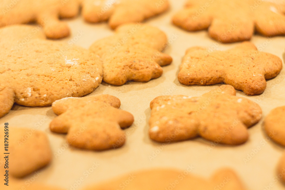 Ginger biscuits lie on a baking sheet. Cookies on baking paper. Selective focus.