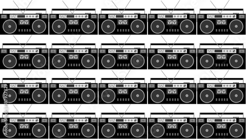 Pattern of black and white and gray, hipster, beautiful, vintage retro audio tape recorders from the 80's on a white background. Seamless texture. Vector illustration.
