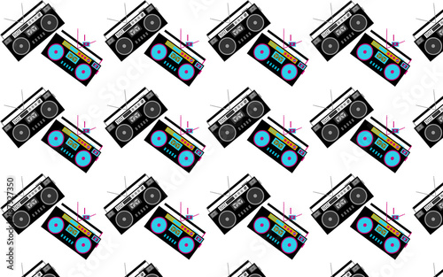 Pattern of black and white and colored, hipster, beautiful, vintage retro audio tape recorders from the 80's on a white background. Seamless texture. Vector illustration.