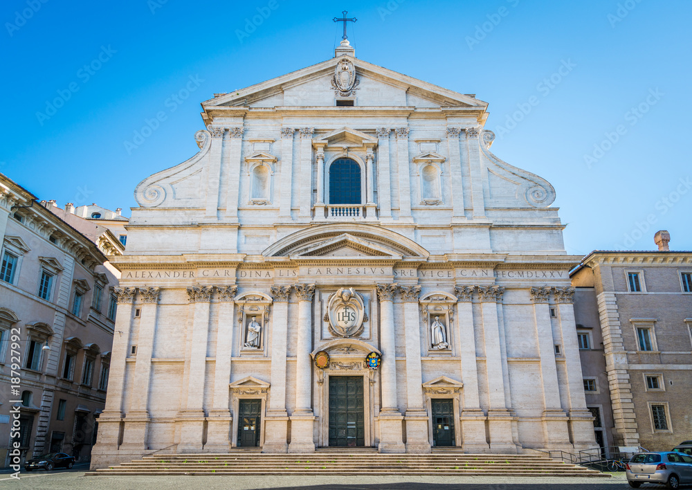 Sunny morning at the Church of the Gesù in Rome, Italy.