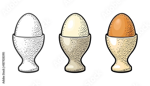 Egg standing in egg cup. Vintage color engraving illustration