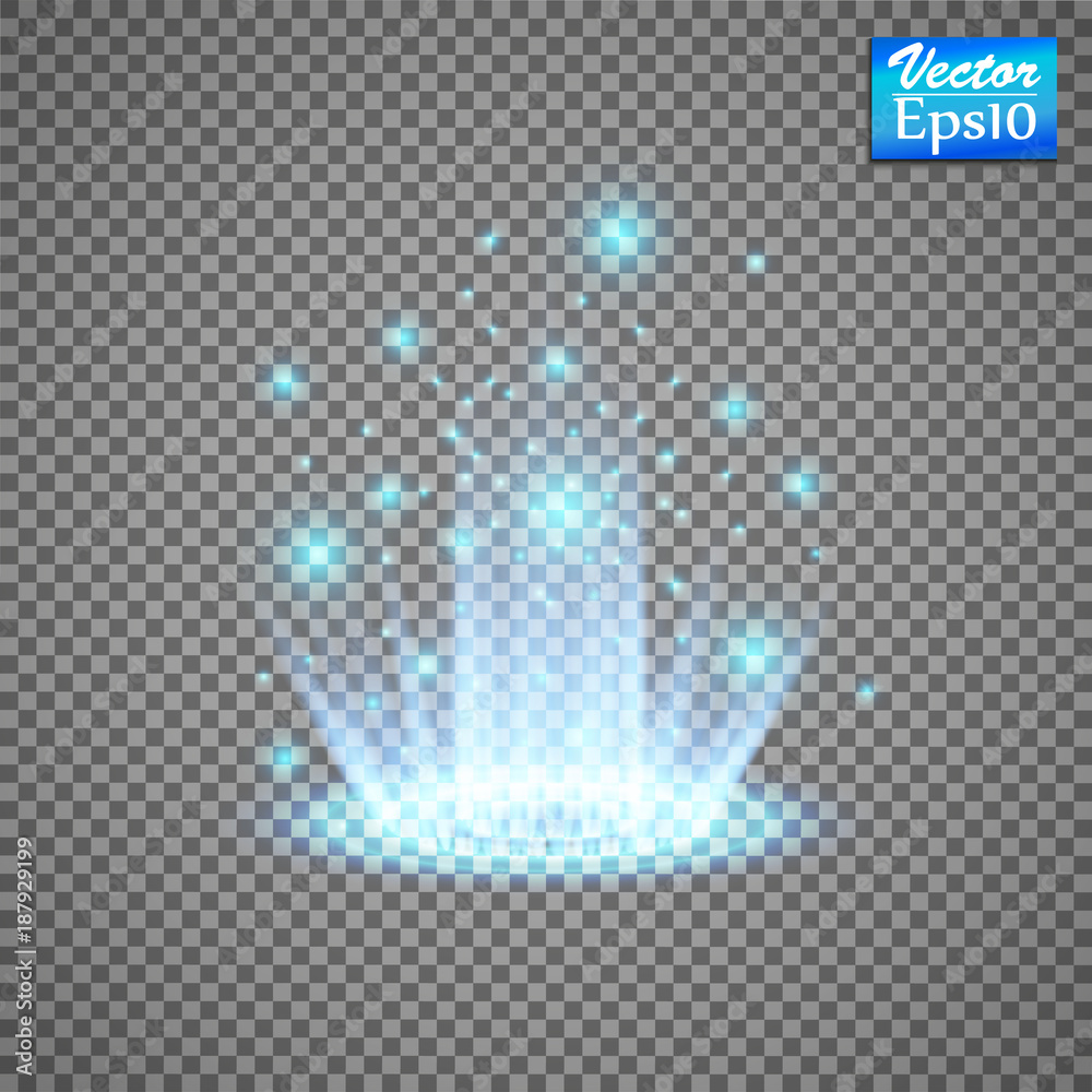 Naklejka premium Magiczny portal fantasy. Futurystyczny teleport. Efekt świetlny. Promienie świetlne sceny nocnej i iskry na przezroczystym tle. Pusty efekt świetlny podium. Klub dyskotekowy na parkiecie.