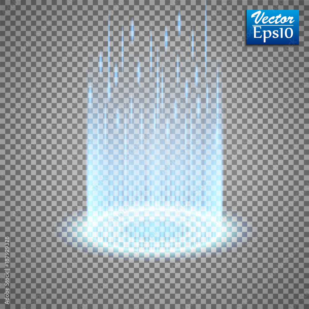Fototapeta premium Magic portal of fantasy. Futuristic teleport. Light effect. Light rays of the night scene and sparks on a transparent background. Empty light effect of the podium. Disco club of the dance floor. 