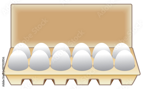 A dozen fresh chicken eggs in a carton ready to use