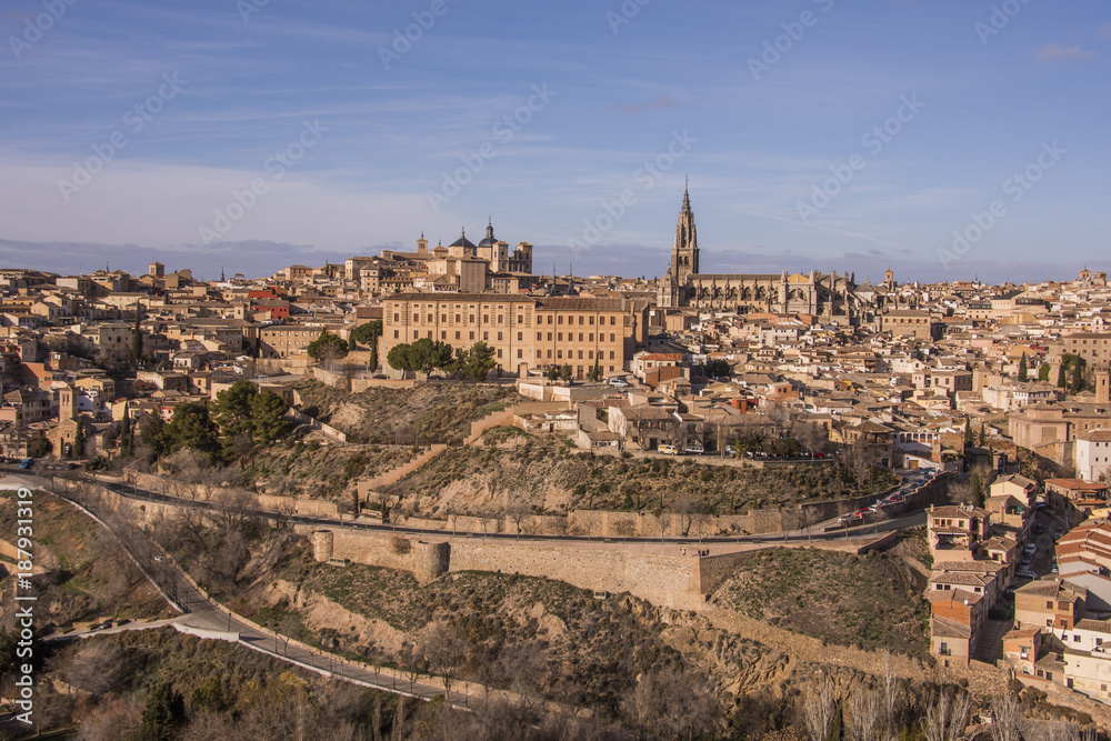 View of the city walls of Toledo and medieval city. Spain.