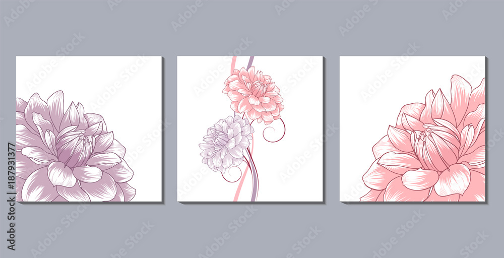 A set of 3 canvases for wall decoration in the living room, office, bedroom, kitchen, office. Home decor of the walls. Floral background with flowers of dahlias. Element for design. A set of 3 canvases for wall decoration in the living room, office, bedroom, kitchen, office. Home decor of the walls. Floral background with flowers of dahlias. Element for design.