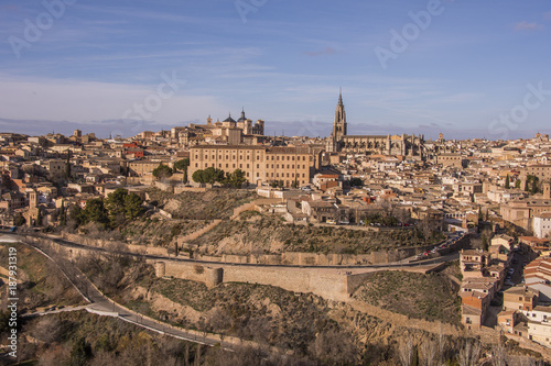 View of the city walls of Toledo and medieval city. Spain.