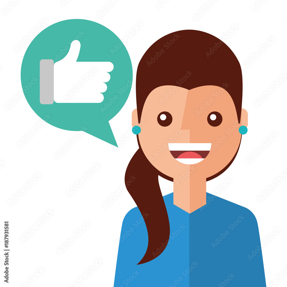 young woman happy with like message avatar character vector illustration young woman happy with like message avatar character vector illustration