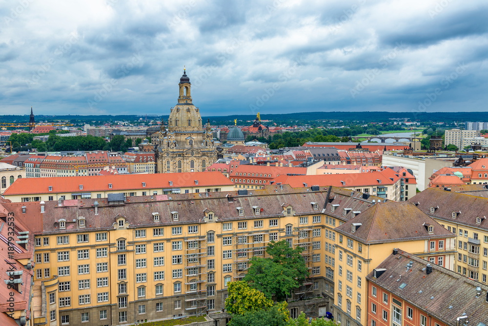 Aerial view of Dresden skyline on a cloudy day, Germany