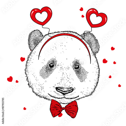 Fototapeta Naklejka Na Ścianę i Meble -  Funny panda in accessories with hearts. Vector illustration for a postcard or a poster, print for clothes. Valentine's Day, love and friendship.
