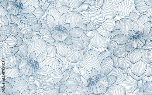 Fotografiet Seamless pattern with hand drawn dahlia flowers.