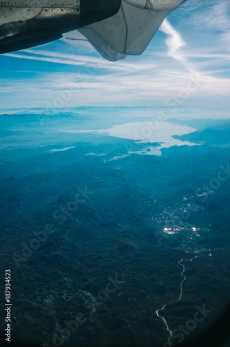 Aerial view of big Skadar lake of beautiful blue landscape over in Montenegro
