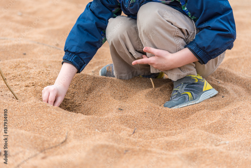 Preschool age boy sits in the sand and digs a hole with his hands Preschool age boy sits in the sand and digs a hole with his hands