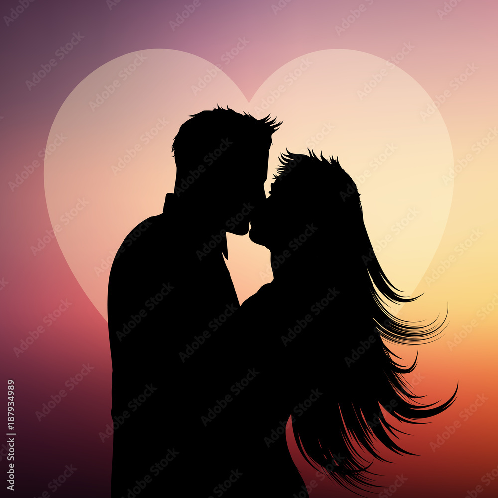 Silhouette of couple kissing on a heart background Stock Vector | Adobe ...
