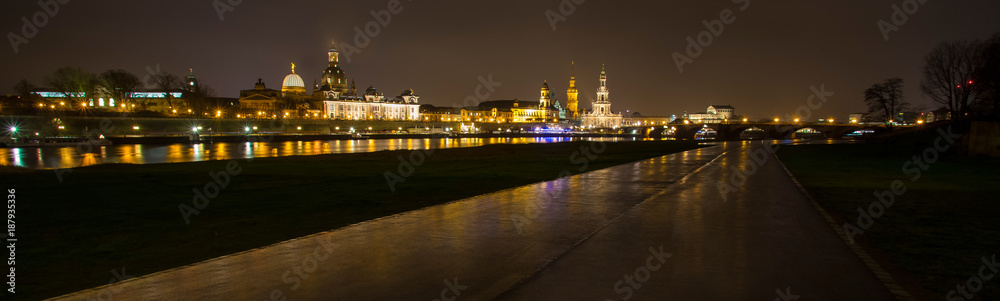 dresden germany at night panoramic view with elbe river