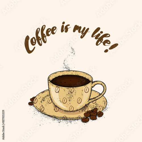 Beautiful cup and saucer. Coffee in a cup and coffee beans. Vector illustration.
