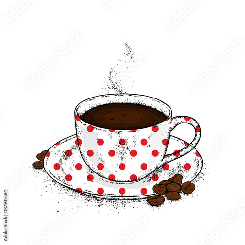 Beautiful cup and saucer. Coffee in a cup and coffee beans. Vector illustration.
