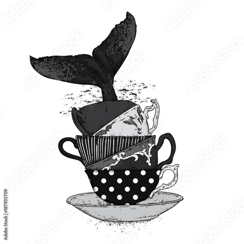 A whale diving into the water. Vector illustration for a postcard or a poster, print for clothes. Sea and ocean. Whale in the cup.