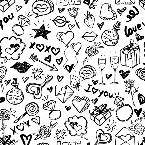 Fototapeta Naklejka Na Ścianę i Meble -  Vector doodle romantic seamless pattern. Black and white watercolor, ink hearts, love, lips, kisses, diamond rings. Design for fashion textile print, wrapping and valentines day backgrounds.