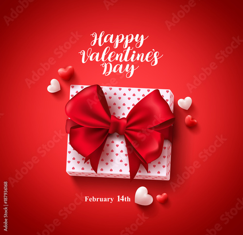 Happy valentines day text greeting card vector banner design with love gift, lasso and hearts elements in red background for valentines day celebration. Vector illustraton.
