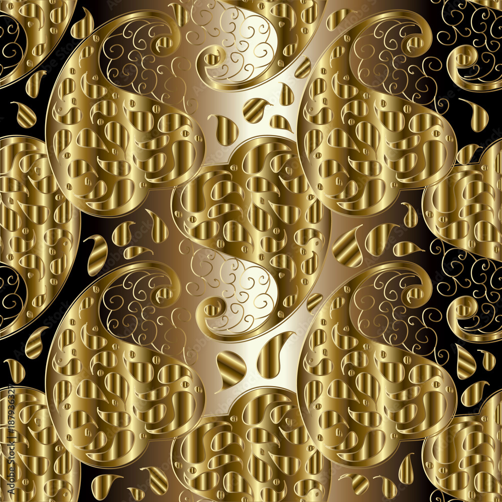Paisleys seamless pattern. Repeating floral background wallpaper illustration with vintage hand drawn gold line art tracery ornamental 3d paisley flowers and modern ornaments. Vector luxury texture