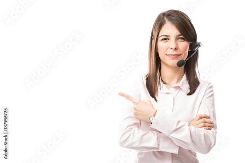 Call center rep pointing at copy spacwe