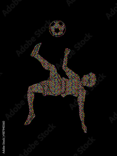 Soccer player somersault kick , overhead kick action designed using mosaic pattern graphic vector
