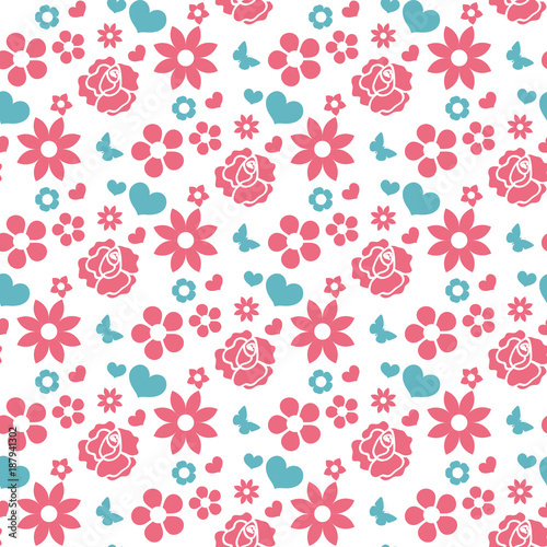 Happy Valentine's Day seamless pattern. Cute romantic love endless background. Heart, flowers repeating texture. Vector illustration
