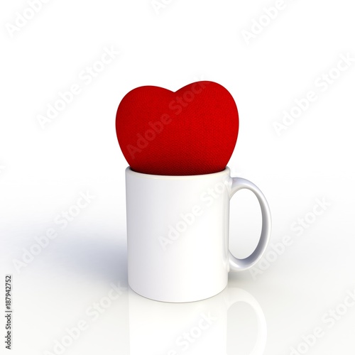 Red heart with white coffee cup isolated on white background. Mock up Template for application design. Exhibition equipment. Set template for the placement of the logo. 3D rendering.