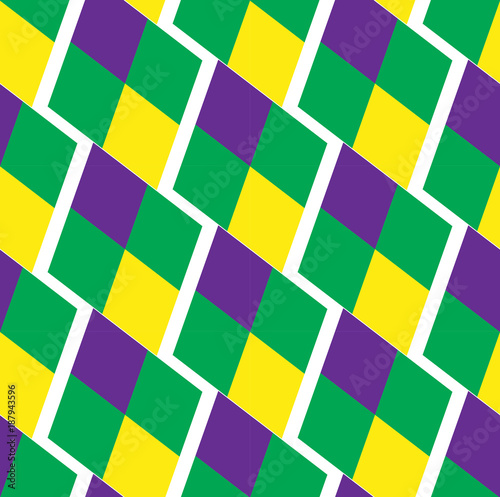 Mardi Gras abstract geometric pattern. Purple, yellow, green rhombus repeating texture. Endless background, wallpaper, backdrop. Vector illustration © Lucia Fox