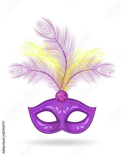 Mardi Gras Mask icon, realistic 3d style. Mask with feathers isolated on white background. Fat Tuesday concept. Vector illustration