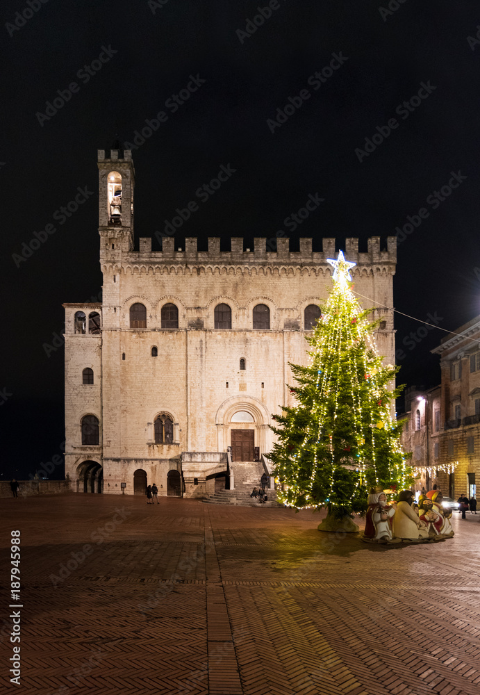 Gubbio (Italy) - One of the most beautiful medieval towns in Europe, in the heart of the Umbria Region, central Italy. Here in particular the historic center in the night.